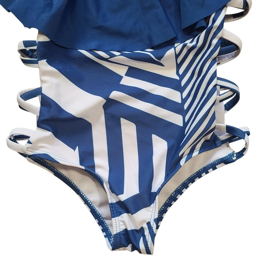 PatPat Girls 3-4Y Blue Geometric One-Shoulder Ruffle Swimsuit Cutout